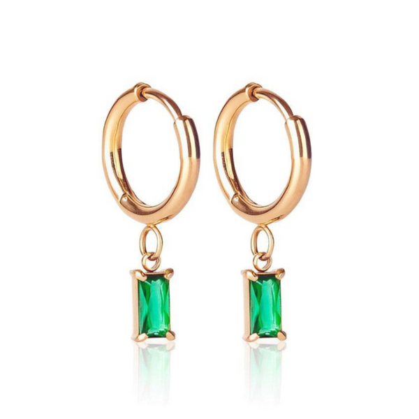 Luxe Gold Drop Earrings Emerald - waterproof gold huggie earrings with emerald cubic zirconia drop - EVER Jewellery Australia