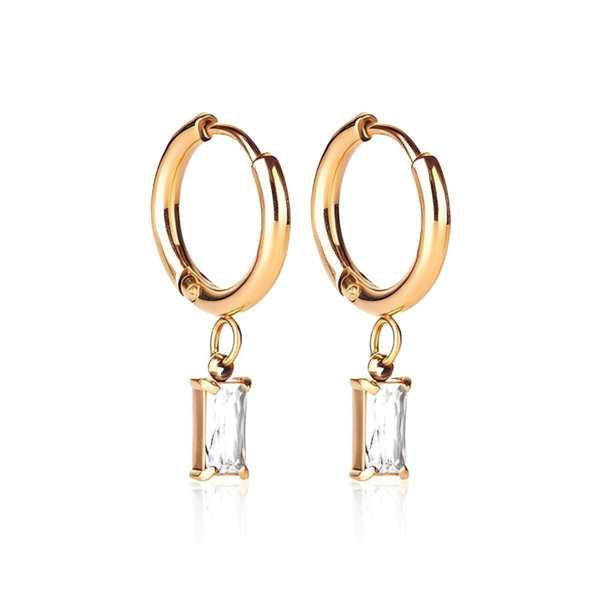 Luxe Gold Drop Earrings - waterproof 18k gold huggie earrings with clear cubic zirconia drop - EVER Jewellery Australia