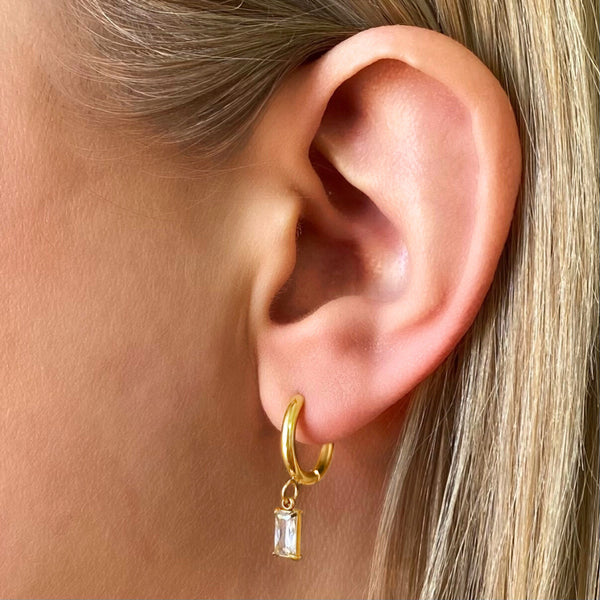 Luxe Gold Drop Earrings on ear - waterproof anti-tarnish gold drop huggie earrings - EVER Jewellery
