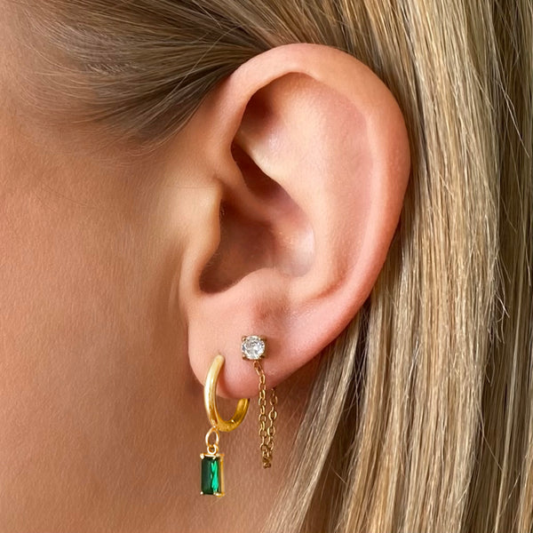 Luxe Gold Drop Earrings Emerald on ear - waterproof anti-tarnish gold emerald drop huggie - EVER Jewellery