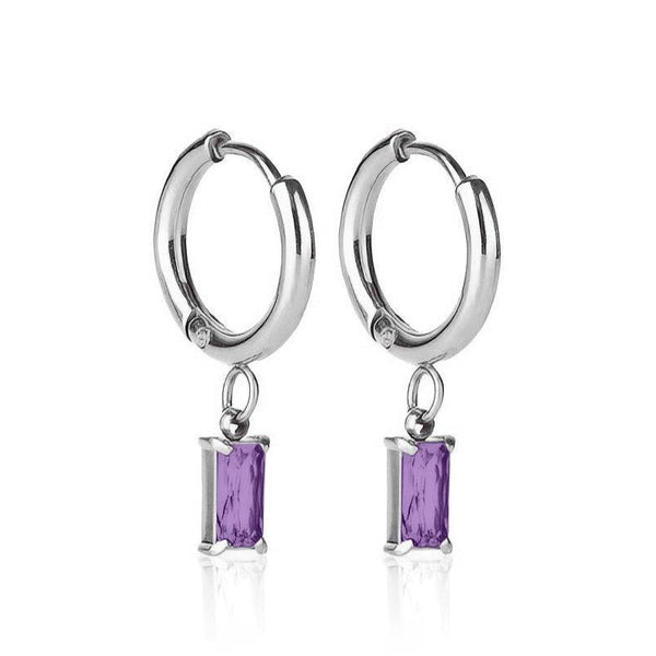 Luxe Silver Drop Earrings Amethyst - waterproof silver huggie with amethyst cubic zirconia drop - EVER Jewellery Australia
