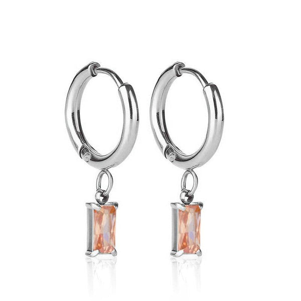 Luxe Silver Drop Earrings Peach - waterproof silver huggie earrings with peach cubic zirconia drop - EVER Jewellery Australia