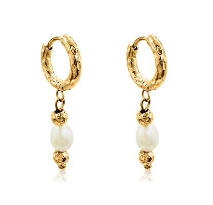 Midnight Run Pearl Huggie Earrings - waterproof gold huggie earrings with freshwater pearl drops - EVER Jewellery Australia