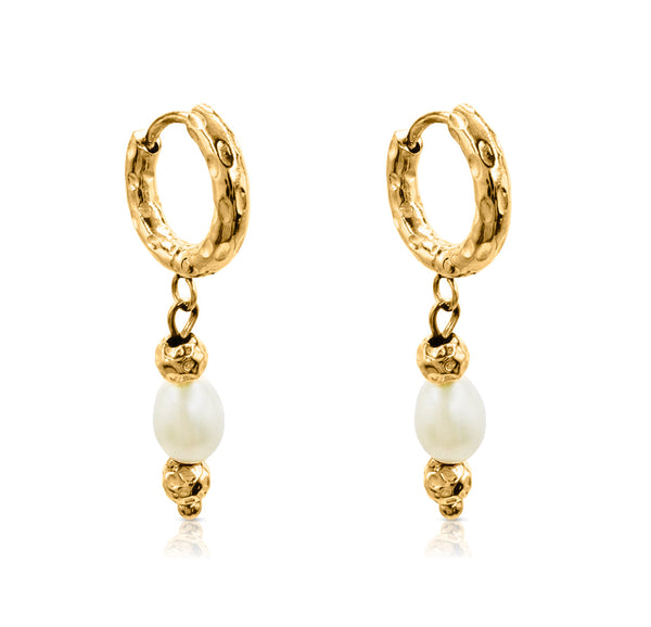Midnight Run Pearl Huggie Earrings - waterproof gold huggie earrings with freshwater pearl drops - EVER Jewellery Australia