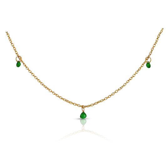 Off Duty Emerald Necklace – gold waterproof chain with five green gem drops on white background