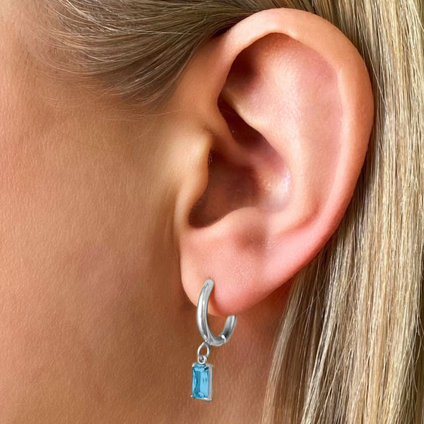 Luxe Silver Drop Earrings Aquamarine on ear - waterproof anti-tarnish silver aquamarine drop huggie - EVER Jewellery