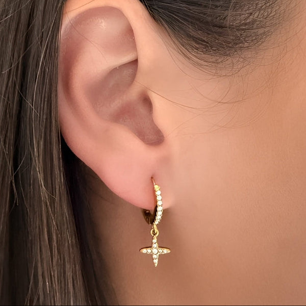 Striker Huggie Earrings on ear - waterproof anti-tarnish gold huggie earrings - EVER Jewellery