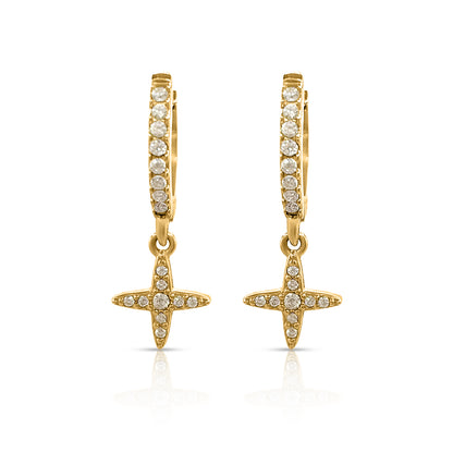 Gold hoop earrings with star designs and clear gemstones on a white background