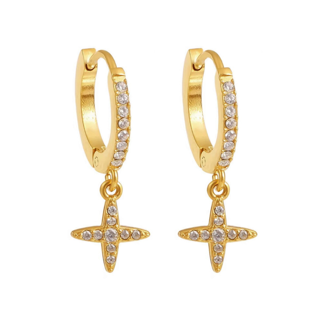 Pair of gold hoop earrings on a white background