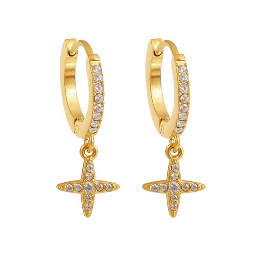 Pair of gold hoop earrings on a white background