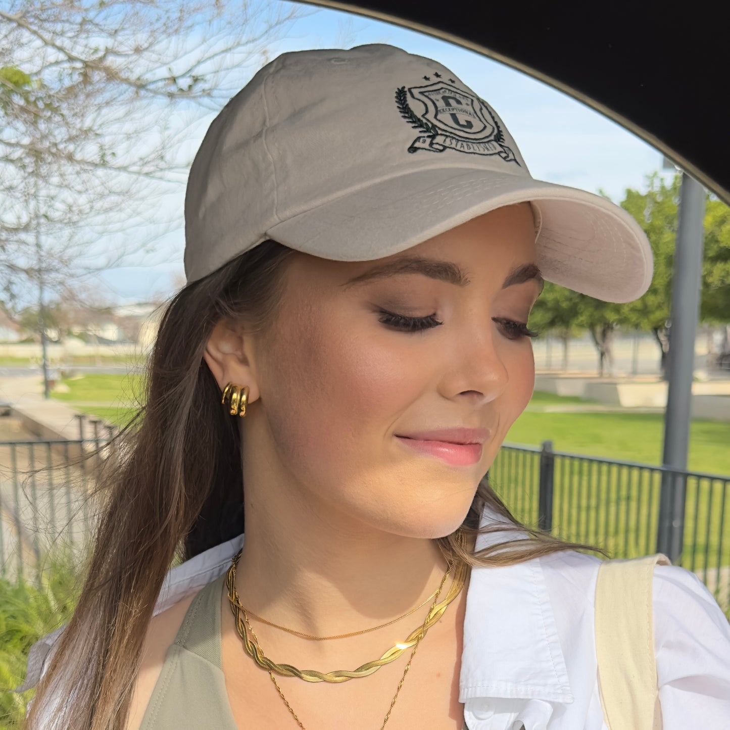 Tempo Hoop Earrings on model with baseball cap