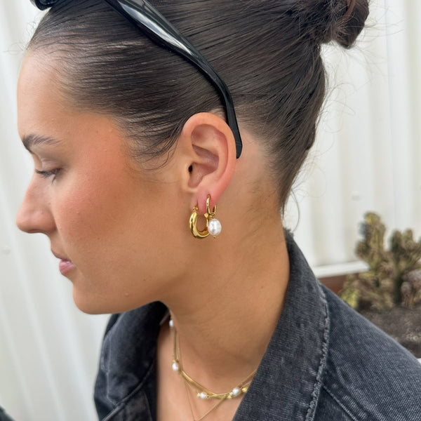 After Dark Pearl Hoop Earrings styled - waterproof gold pearl drop hoop earrings day to night - EVER Jewellery Australia