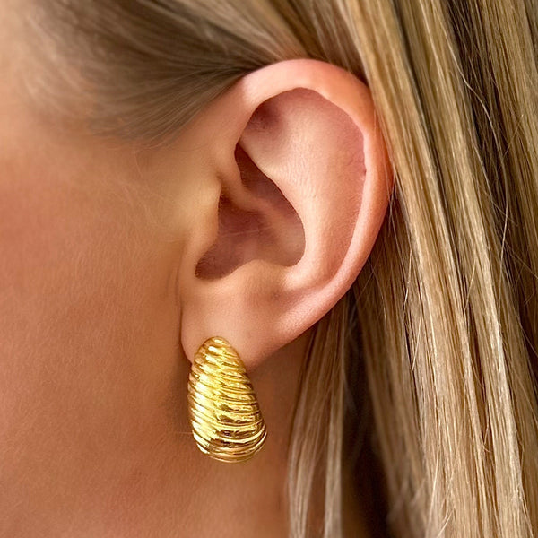 Amplify Gold Drop Earrings on ear - waterproof anti-tarnish gold sculptural drop earrings - EVER Jewellery