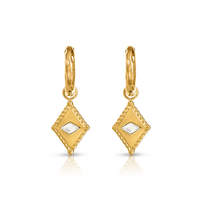 Arena Huggie Earrings – pair of gold huggie earrings with diamond charms, front angle