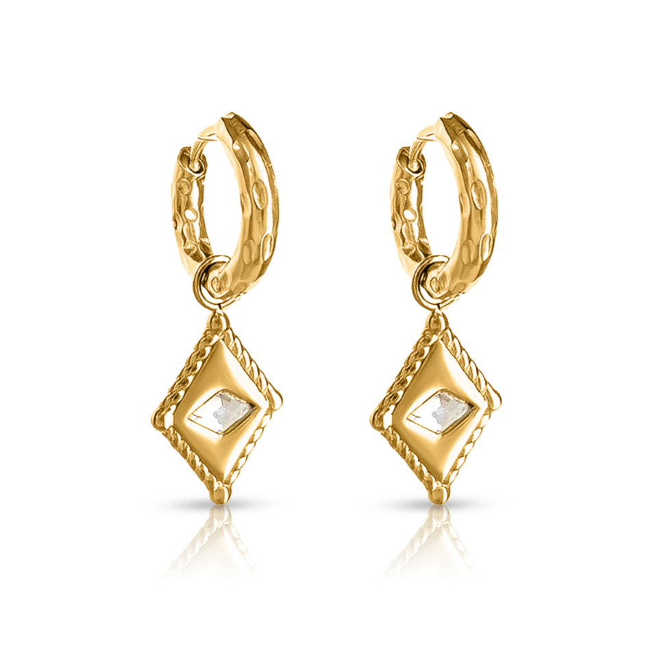  Arena Huggie Earrings – gold huggie earrings with diamond-shaped textured charm on white background