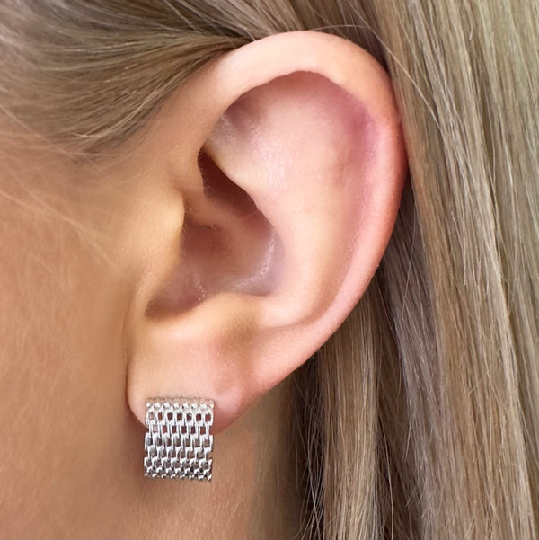 Broadway Silver Hoop Earrings on ear - waterproof anti-tarnish textured silver hoop earrings - EVER Jewellery