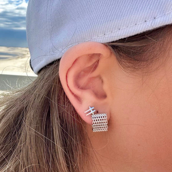 Broadway Silver Hoop Earrings stacked - waterproof silver mesh texture hoops everyday wear - EVER Jewellery Australia