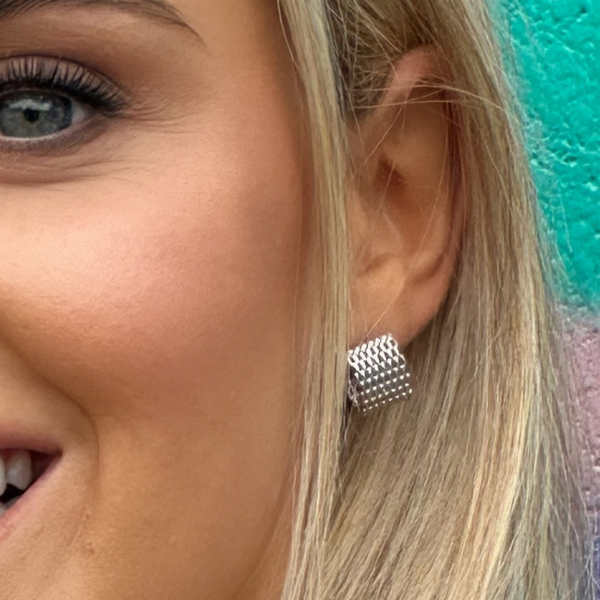 Broadway Silver Hoop Earrings styled - waterproof silver mesh texture hoops everyday wear - EVER Jewellery Australia