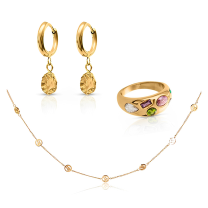 EVER Jewellery Winter Essentials Set featuring gold medallion drop huggie earrings, multicoloured gemstone ring, and fine gold logo necklace – waterproof and anti-tarnish.