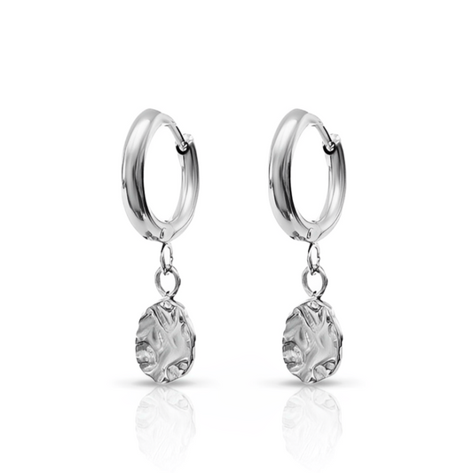 Harmony Silver Huggie Earrings – waterproof silver huggies with textured disc charms