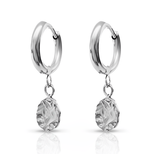 Harmony Silver Huggie Earrings – waterproof silver huggies with textured disc charms