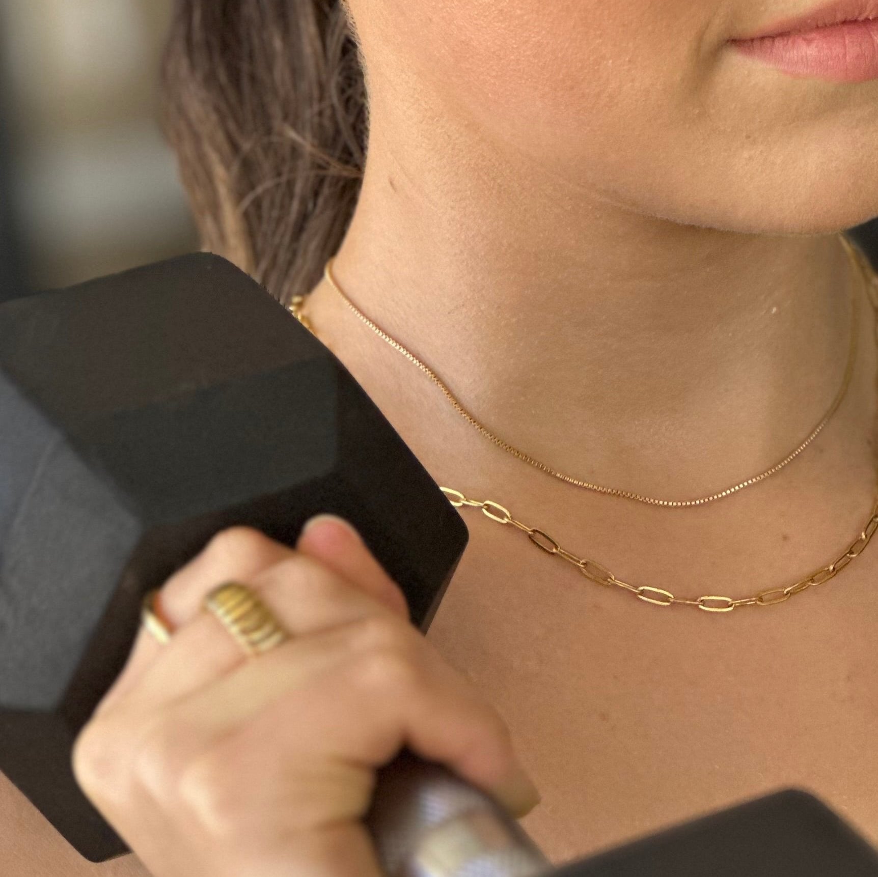 Laneway Chain stacked for a bold statement – sleek meets strong. Team with Time Out Chain necklace.