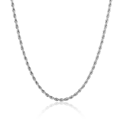 Perform Silver Necklace – twisted rhodium-plated sterling silver chain on white background
