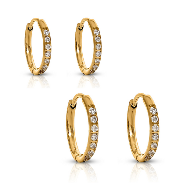 Transition Sleeper Gold Earrings Bundle – 8mm and 10mm gold huggies with crystal detail on white background