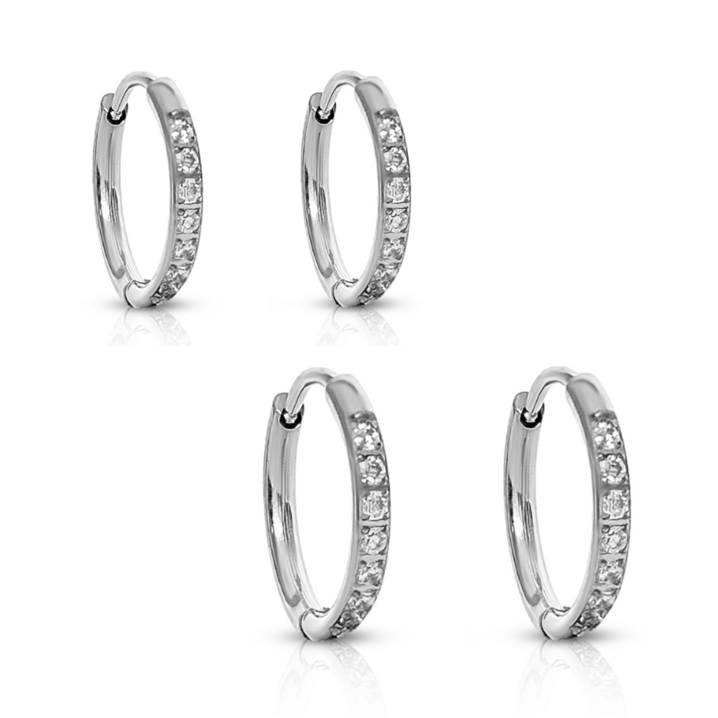 Transition Sleeper Silver Earrings Bundle – 8mm and 10mm silver huggie hoops with crystal accents on white background