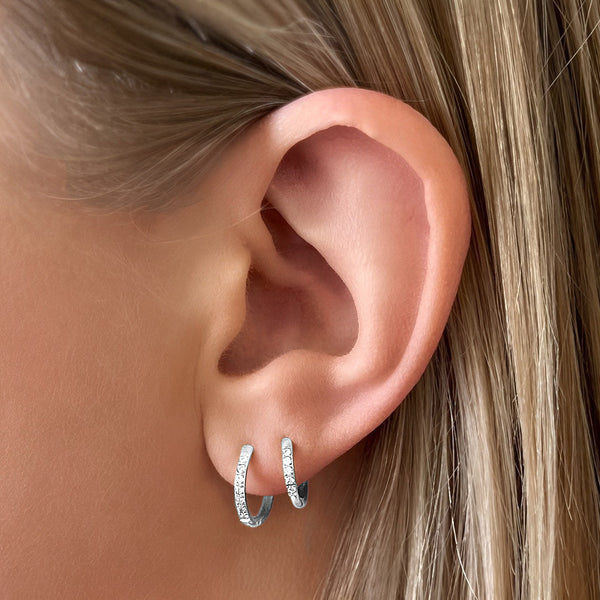 Transition Silver Huggie Earrings Set on ear - waterproof anti-tarnish silver huggie earrings - EVER Jewellery